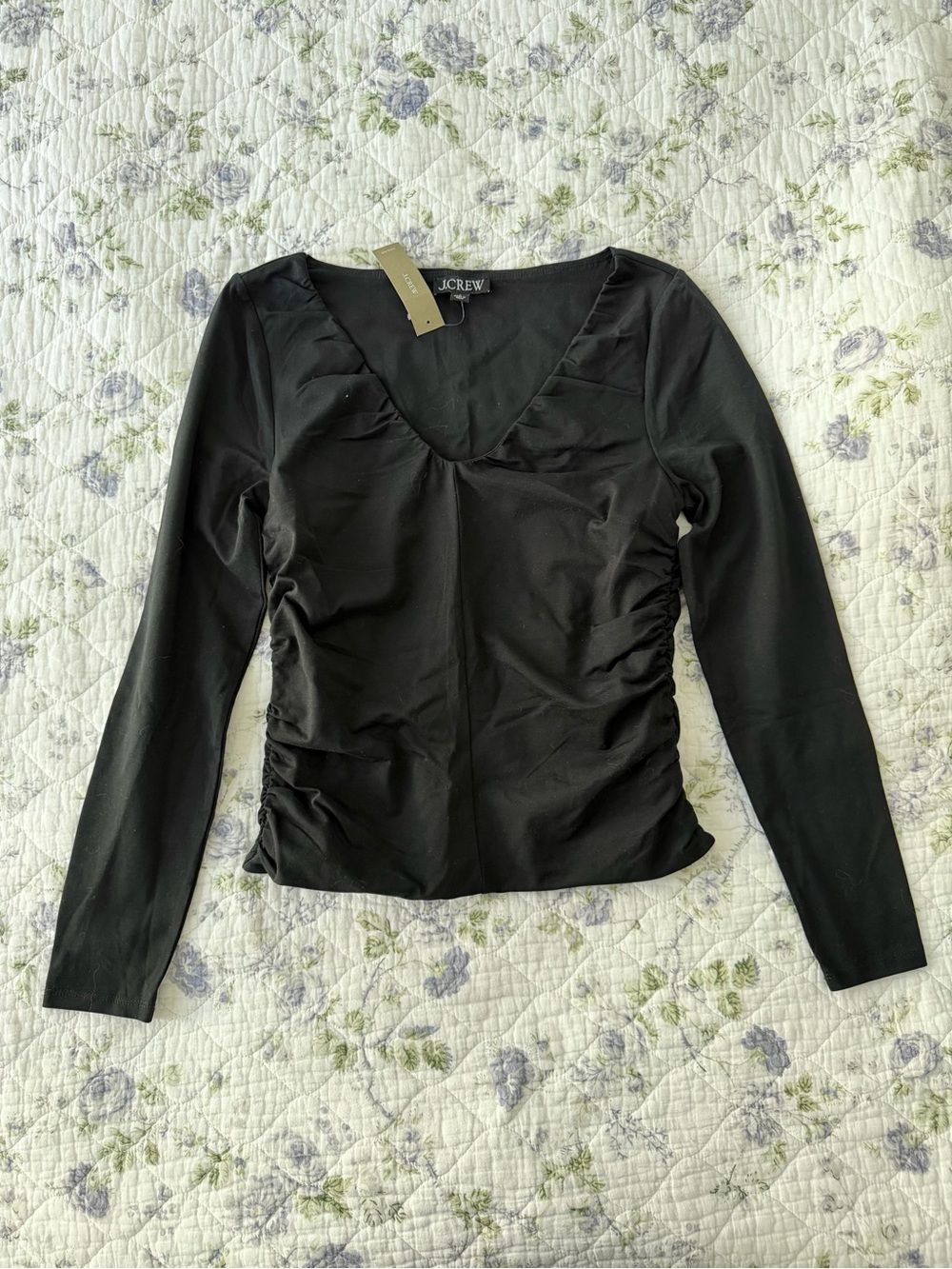 J. Crew Black Long-Sleeve V-Neck Ruched Top